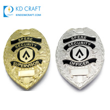 Manufacturer custom metal embossed 3d logo enamel gold silver plating security badge with safety pin